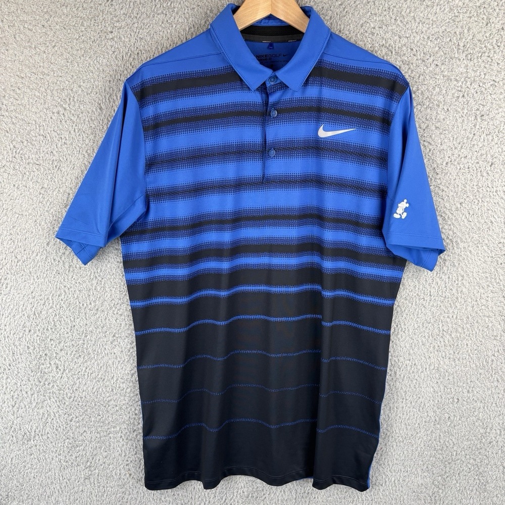 Nike Disney Parks Polo Shirt Mens Large Blue Black Stripe Golf Mickey Mouse